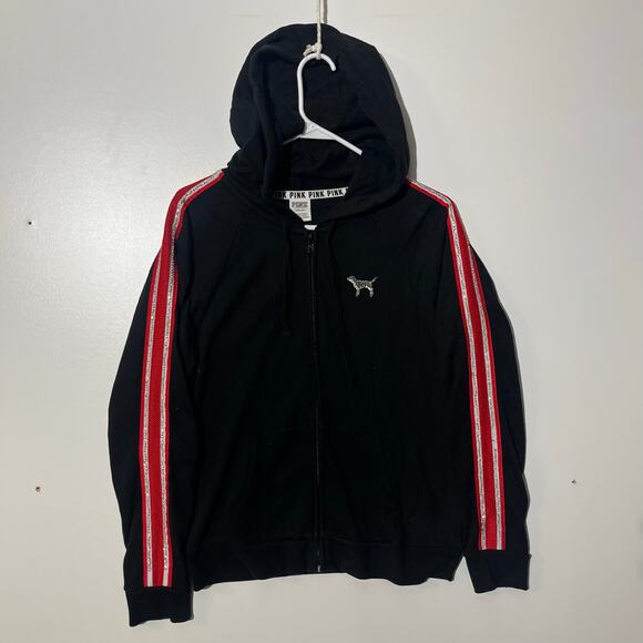 Victoria's Secret Sweaters - Victoria’s Secret Pink Black Sequin Bling LOVE PINK Full Zip Up Hoodie Womans L